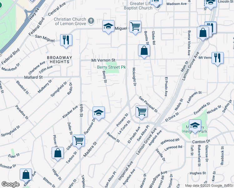 map of restaurants, bars, coffee shops, grocery stores, and more near 7061 Russan Lane in Lemon Grove