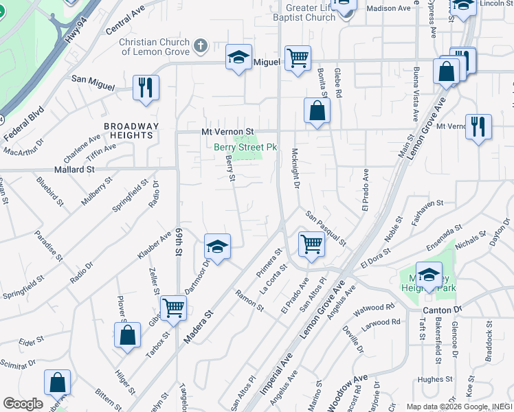 map of restaurants, bars, coffee shops, grocery stores, and more near 7061 Russan Lane in Lemon Grove
