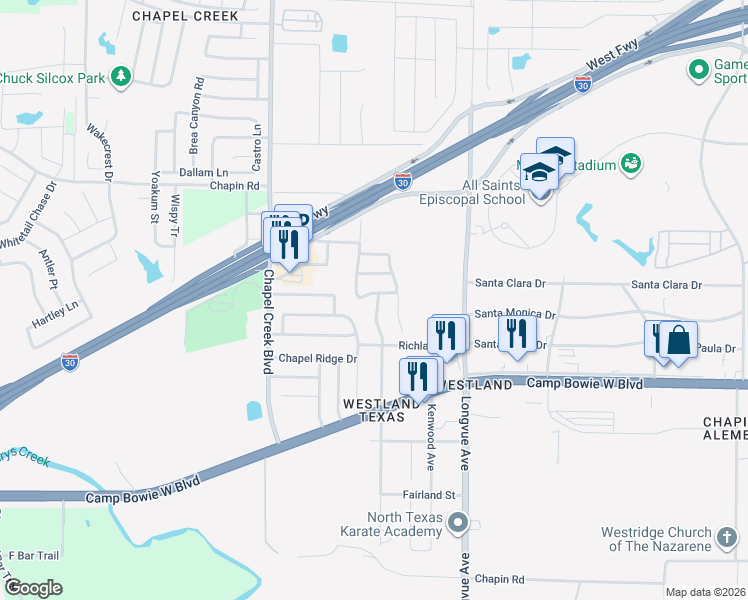 map of restaurants, bars, coffee shops, grocery stores, and more near 9921 Henna Lane in Fort Worth