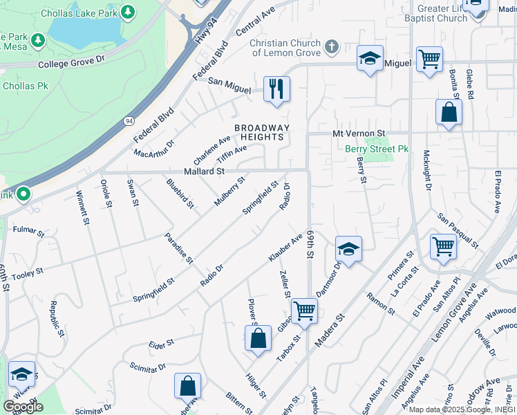 map of restaurants, bars, coffee shops, grocery stores, and more near 6734 Radio Drive in San Diego