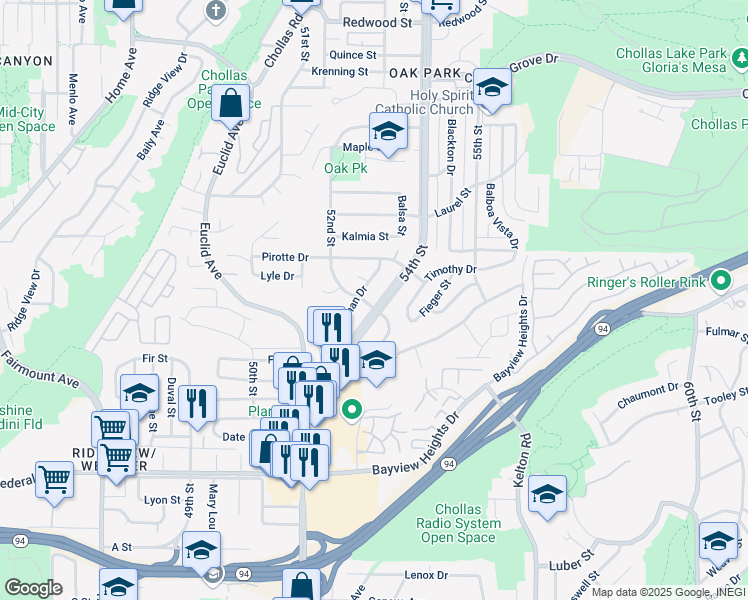 map of restaurants, bars, coffee shops, grocery stores, and more near 2052 54th Frontage Street in San Diego