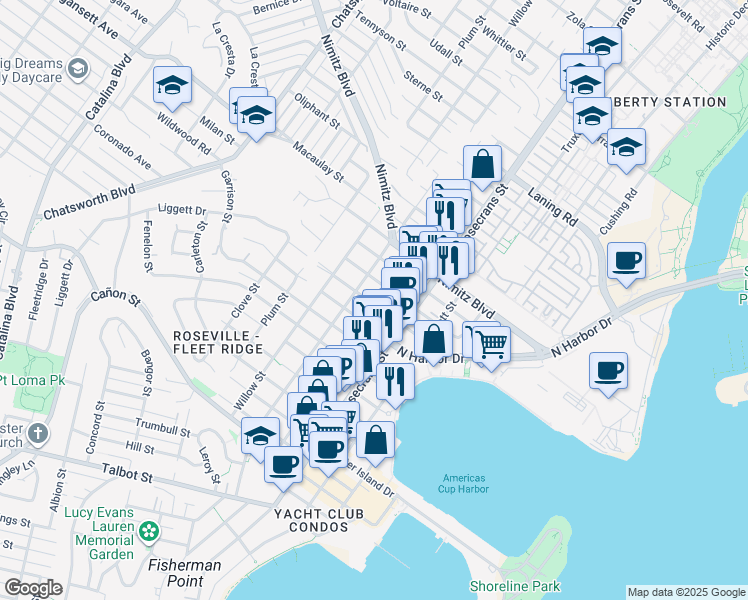 map of restaurants, bars, coffee shops, grocery stores, and more near 3015 Ingelow Street in San Diego