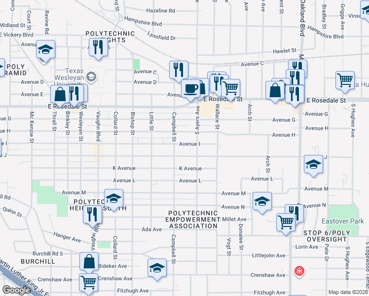 map of restaurants, bars, coffee shops, grocery stores, and more near 3620 Avenue J in Fort Worth