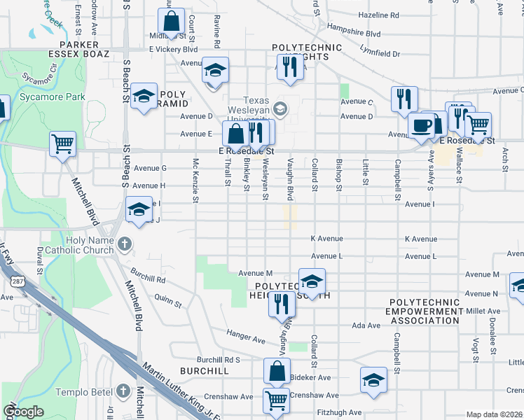 map of restaurants, bars, coffee shops, grocery stores, and more near 3100 Avenue J in Fort Worth