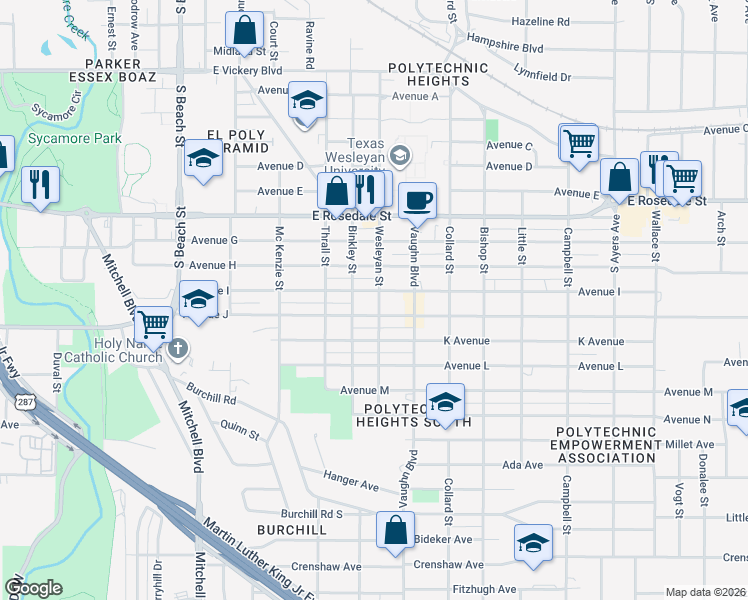 map of restaurants, bars, coffee shops, grocery stores, and more near 3100 Avenue J in Fort Worth