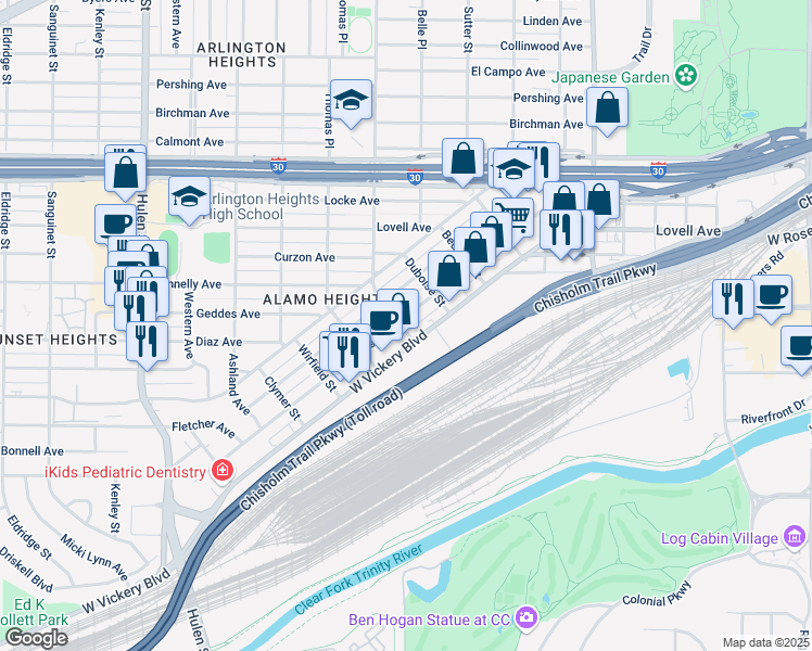 map of restaurants, bars, coffee shops, grocery stores, and more near 4100 West Vickery Boulevard in Fort Worth