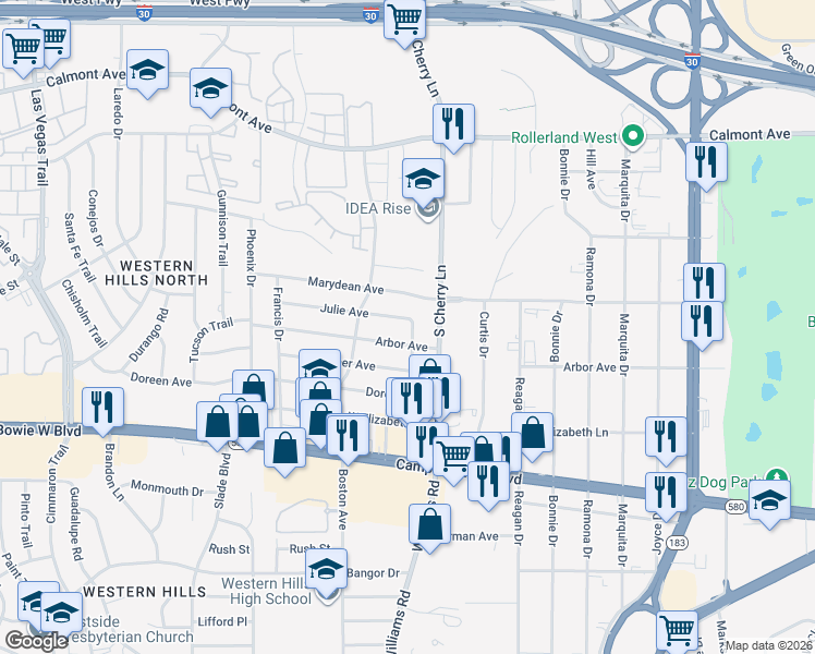 map of restaurants, bars, coffee shops, grocery stores, and more near 8001 Arbor Avenue in Fort Worth