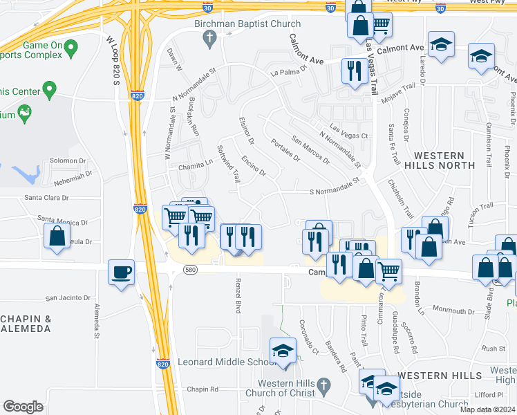 map of restaurants, bars, coffee shops, grocery stores, and more near 8901 South Normandale Street in Fort Worth