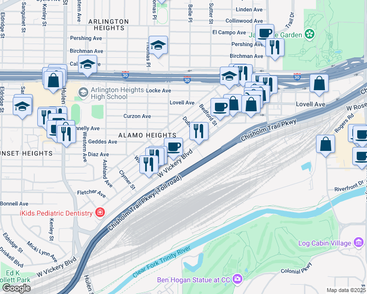 map of restaurants, bars, coffee shops, grocery stores, and more near 4100 West Vickery Boulevard in Fort Worth