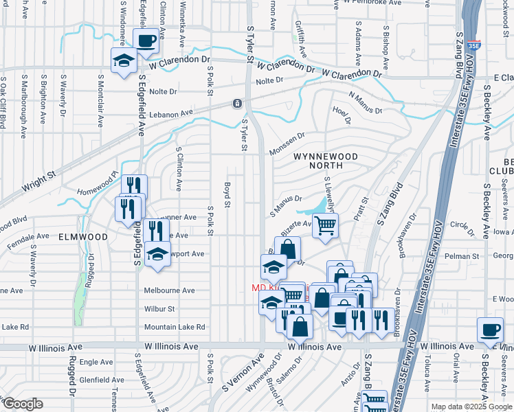 map of restaurants, bars, coffee shops, grocery stores, and more near 1807 South Vernon Avenue in Dallas