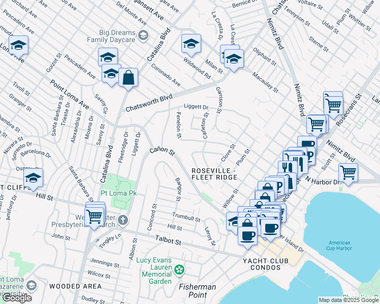 map of restaurants, bars, coffee shops, grocery stores, and more near 3585 Addison Street in San Diego