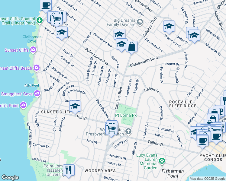 map of restaurants, bars, coffee shops, grocery stores, and more near Savoy Street in San Diego