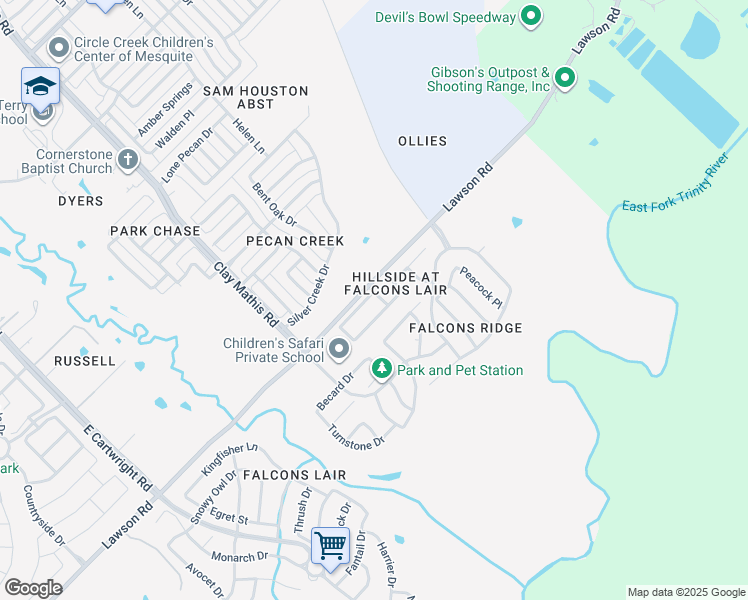 map of restaurants, bars, coffee shops, grocery stores, and more near 2204 Abbey Lane in Mesquite