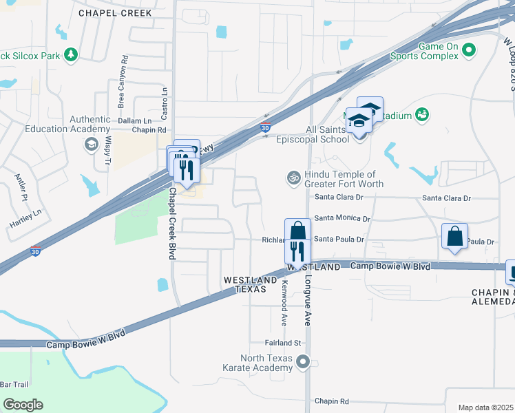 map of restaurants, bars, coffee shops, grocery stores, and more near 3200 Florian Lane in Fort Worth
