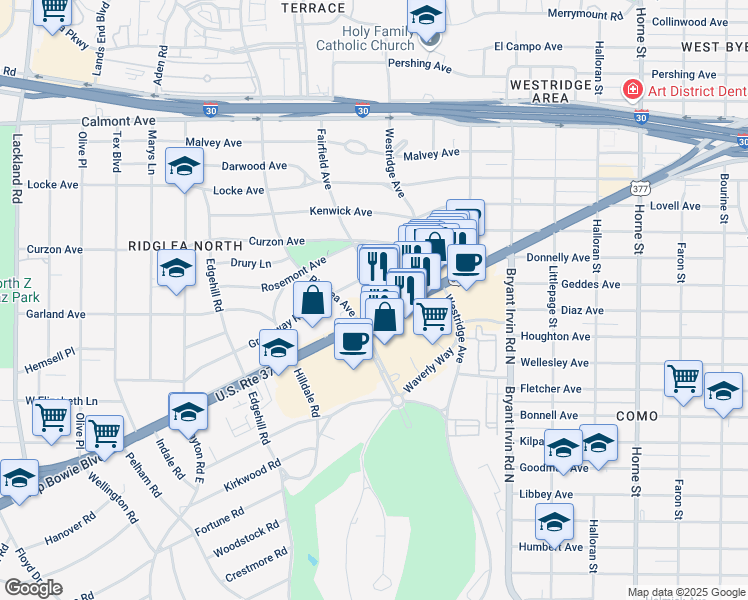 map of restaurants, bars, coffee shops, grocery stores, and more near 6303 Greenway Road in Fort Worth