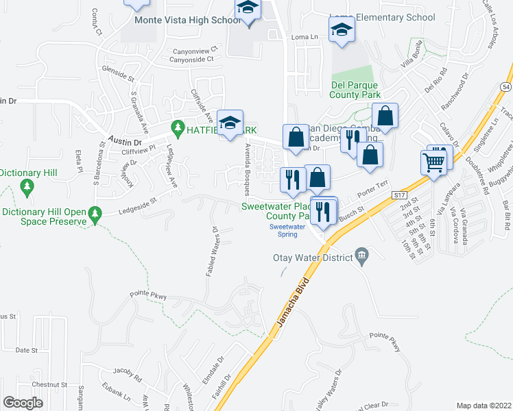map of restaurants, bars, coffee shops, grocery stores, and more near 10109 Tres Lagos Court in Spring Valley