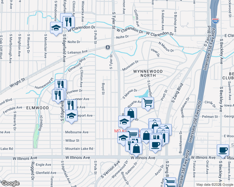 map of restaurants, bars, coffee shops, grocery stores, and more near 1717 South Vernon Avenue in Dallas