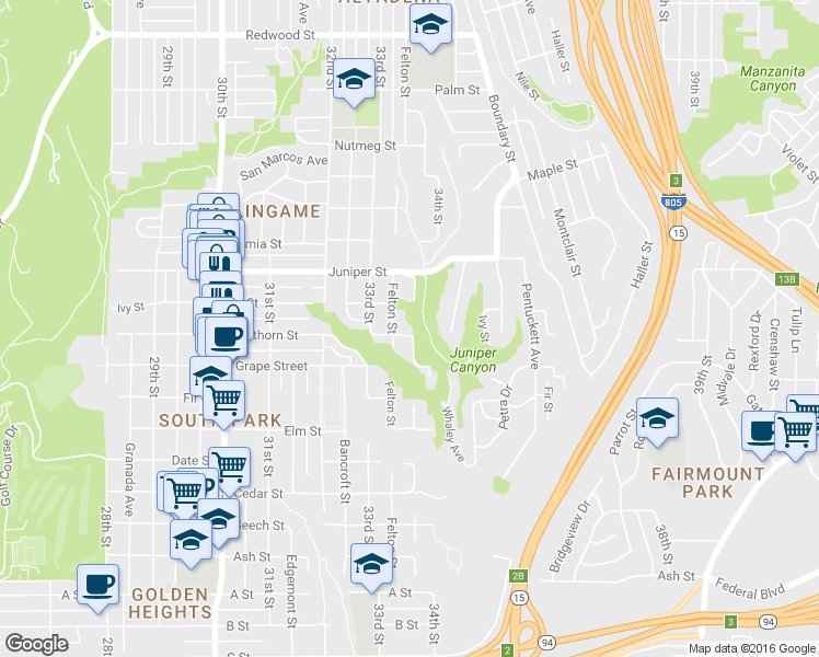map of restaurants, bars, coffee shops, grocery stores, and more near 3360 Hawthorn Street in San Diego