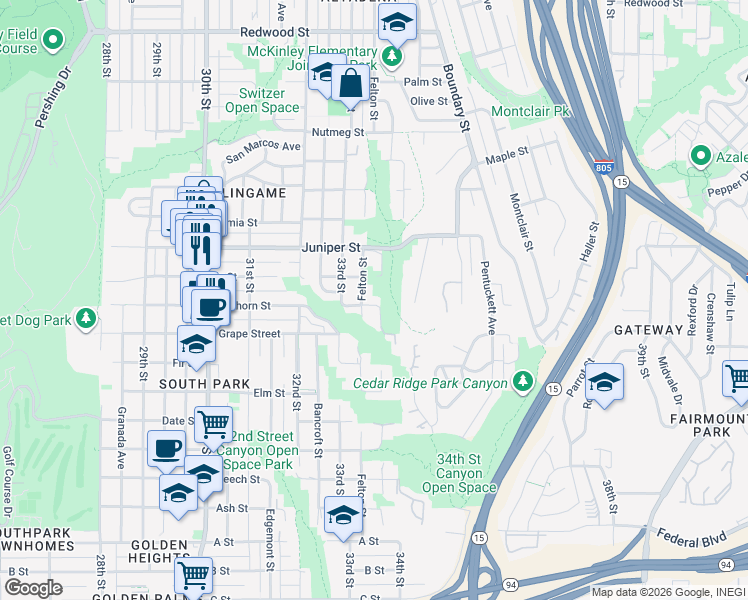 map of restaurants, bars, coffee shops, grocery stores, and more near 3360 Hawthorn Street in San Diego