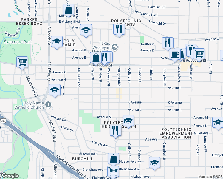 map of restaurants, bars, coffee shops, grocery stores, and more near 1613 Wesleyan Street in Fort Worth