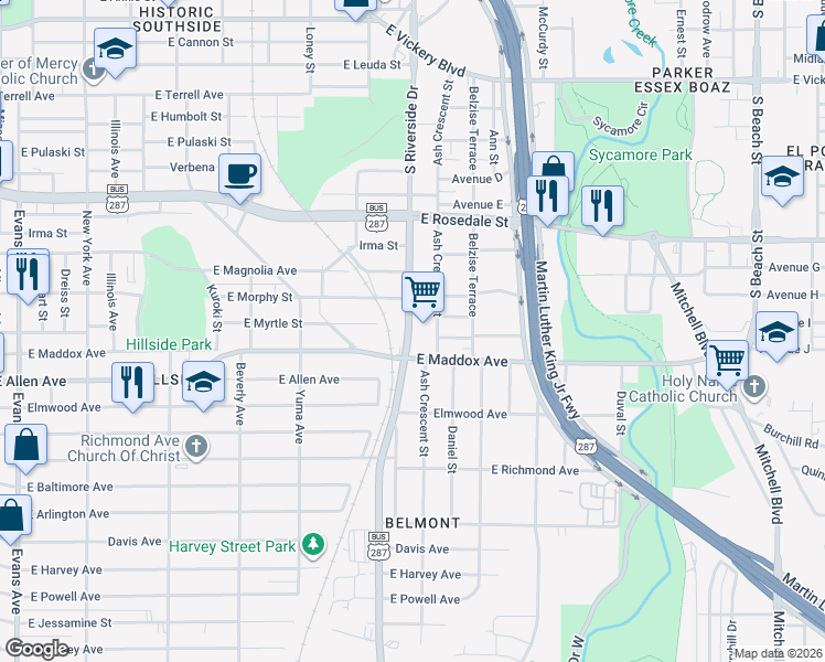 map of restaurants, bars, coffee shops, grocery stores, and more near 1521 South Riverside Drive in Fort Worth