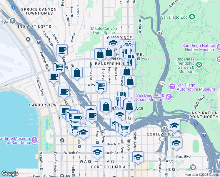 map of restaurants, bars, coffee shops, grocery stores, and more near 130 Ivy Street in San Diego