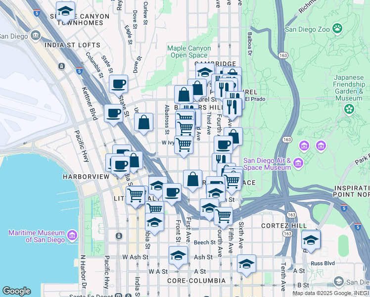 map of restaurants, bars, coffee shops, grocery stores, and more near 130 Ivy Street in San Diego