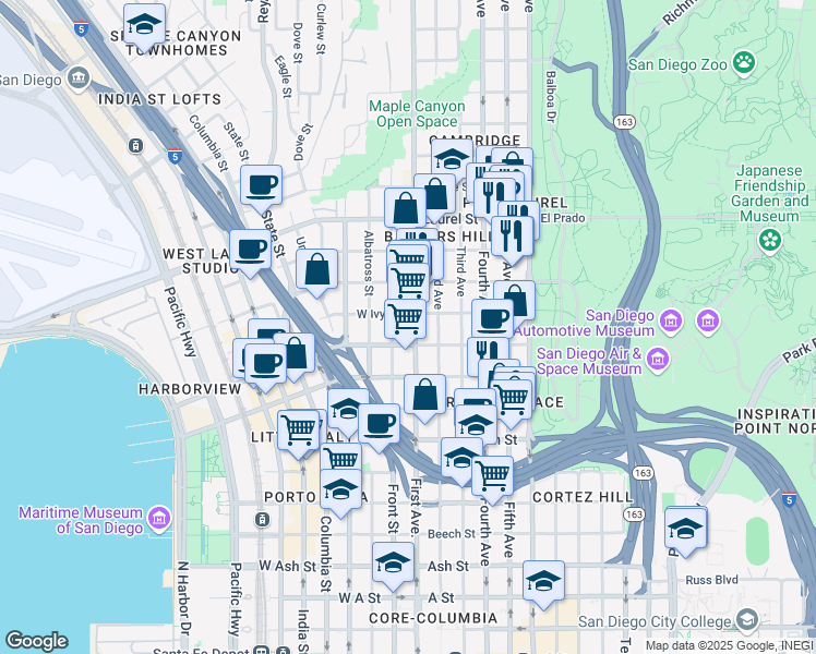 map of restaurants, bars, coffee shops, grocery stores, and more near 130 Ivy Street in San Diego