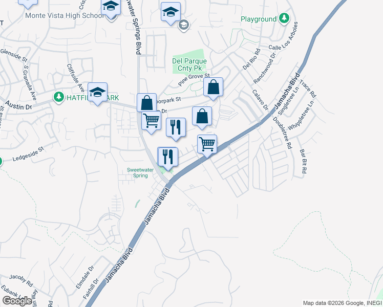 map of restaurants, bars, coffee shops, grocery stores, and more near 2746 Via Orange Way in Spring Valley