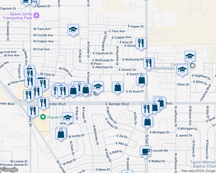 map of restaurants, bars, coffee shops, grocery stores, and more near 316 East Street Anne Place in Hobbs