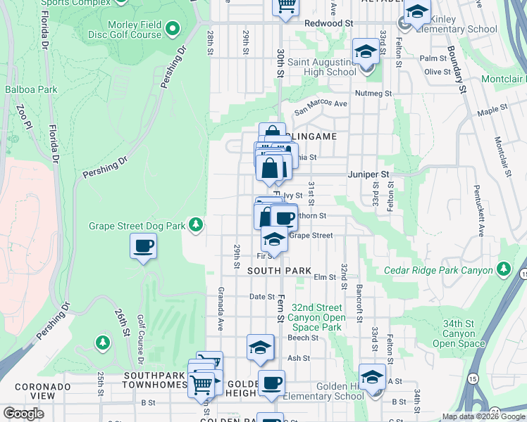 map of restaurants, bars, coffee shops, grocery stores, and more near 2104 30th Street in San Diego