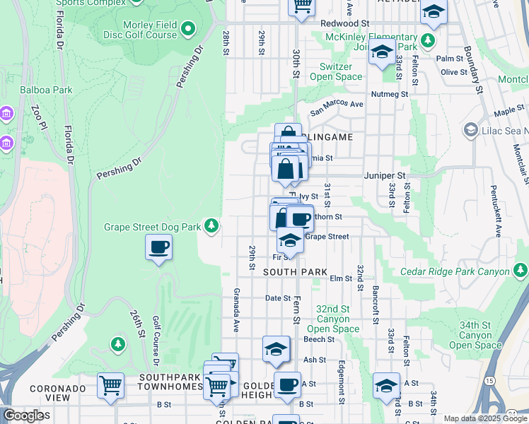 map of restaurants, bars, coffee shops, grocery stores, and more near 2878 Ivy Street in San Diego