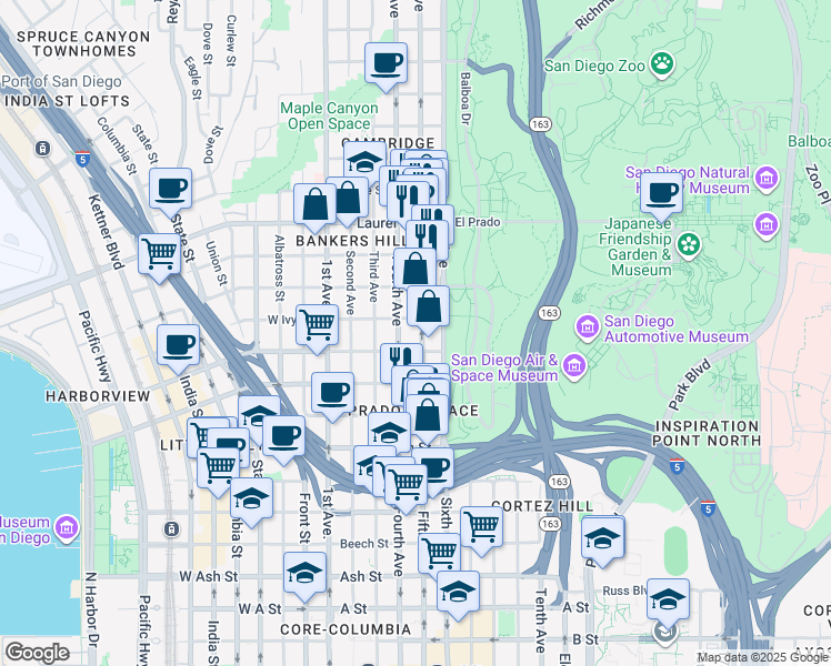 map of restaurants, bars, coffee shops, grocery stores, and more near in San Diego