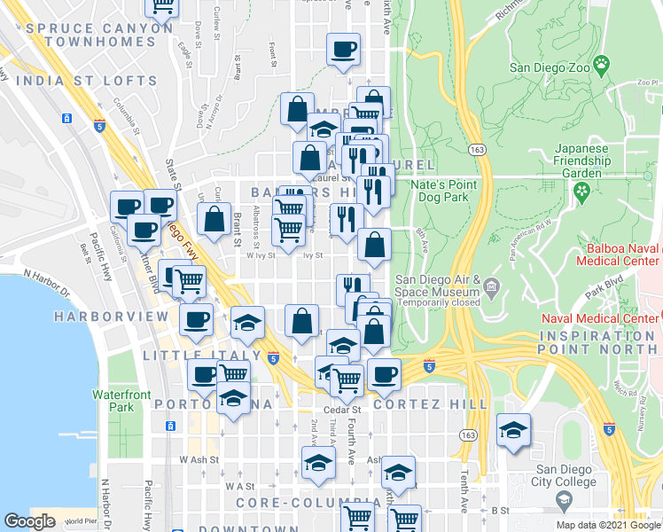 map of restaurants, bars, coffee shops, grocery stores, and more near 304 Ivy Street in San Diego