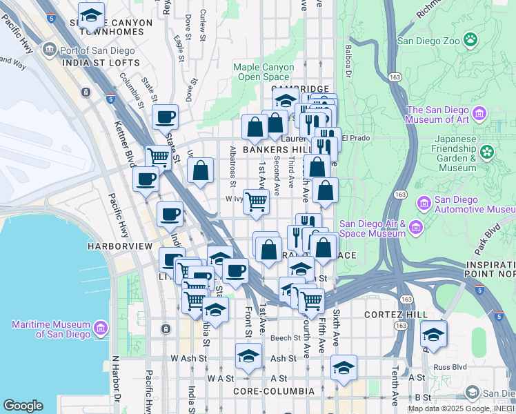 map of restaurants, bars, coffee shops, grocery stores, and more near 130 Ivy Street in San Diego