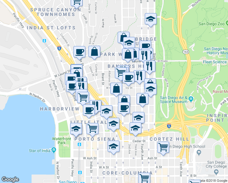 map of restaurants, bars, coffee shops, grocery stores, and more near in San Diego