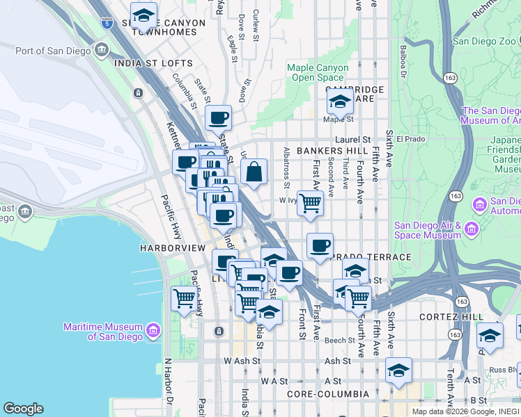 map of restaurants, bars, coffee shops, grocery stores, and more near 2242 Union Street in San Diego