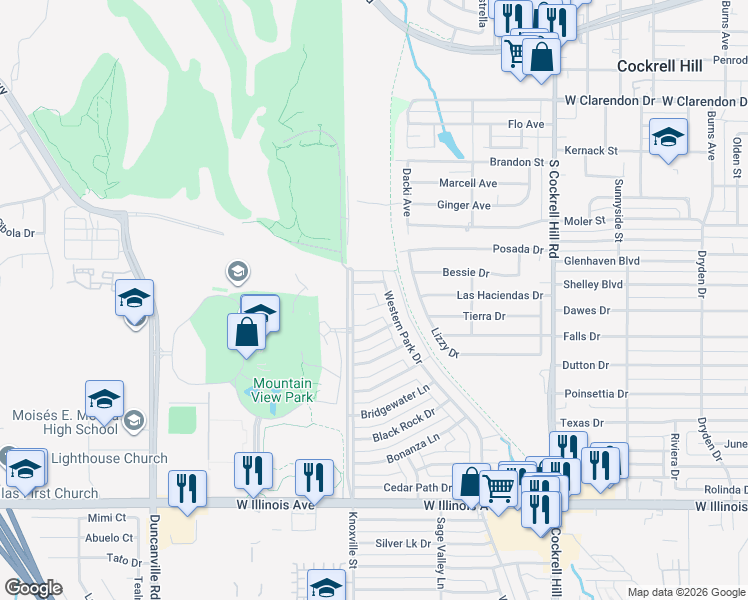 map of restaurants, bars, coffee shops, grocery stores, and more near 1550 Western Park Drive in Dallas