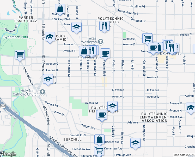 map of restaurants, bars, coffee shops, grocery stores, and more near 1613 Wesleyan Street in Fort Worth