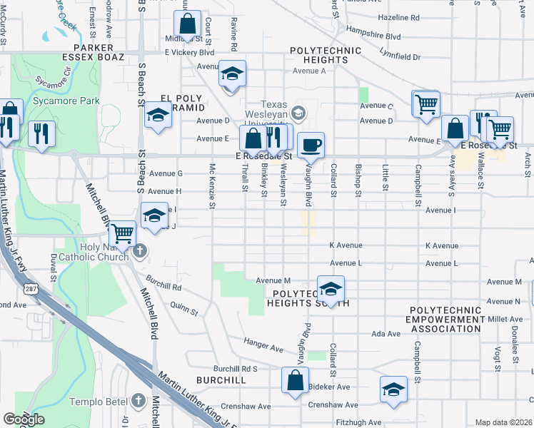 map of restaurants, bars, coffee shops, grocery stores, and more near 1616 Binkley Street in Fort Worth