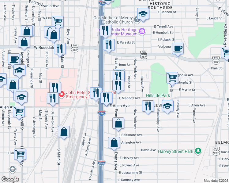 map of restaurants, bars, coffee shops, grocery stores, and more near 1412 Evans Avenue in Fort Worth