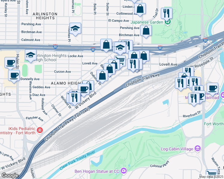 map of restaurants, bars, coffee shops, grocery stores, and more near 3955 West Vickery Boulevard in Fort Worth