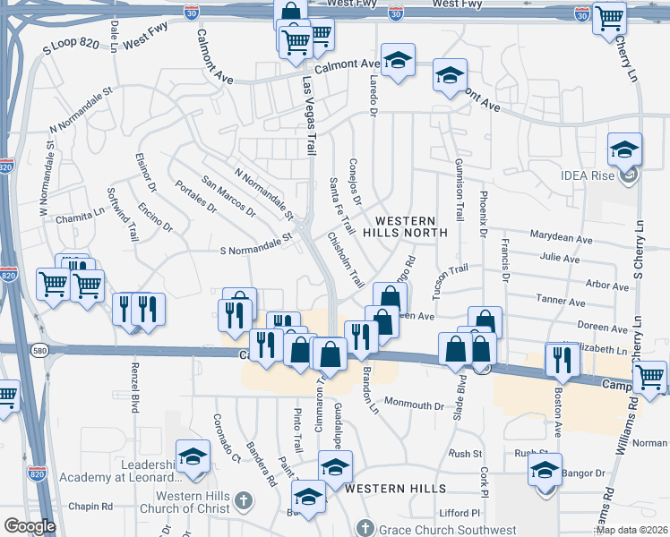 map of restaurants, bars, coffee shops, grocery stores, and more near 3116 Chisholm Trail in Fort Worth