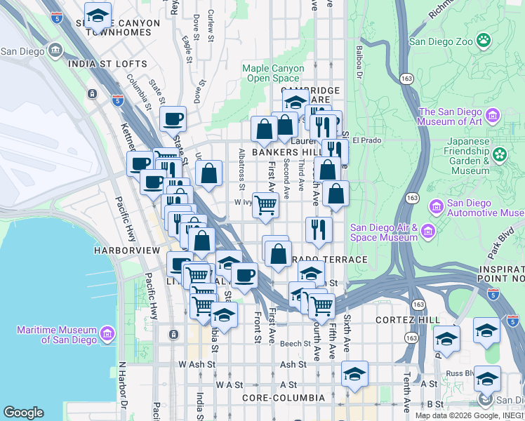 map of restaurants, bars, coffee shops, grocery stores, and more near in San Diego