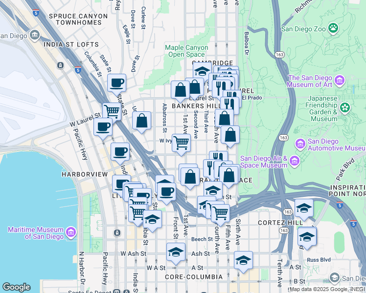 map of restaurants, bars, coffee shops, grocery stores, and more near 130 Ivy Street in San Diego