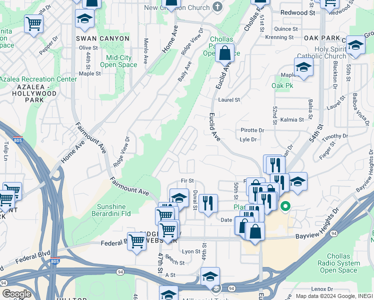map of restaurants, bars, coffee shops, grocery stores, and more near 114 1951 47th St in San Diego