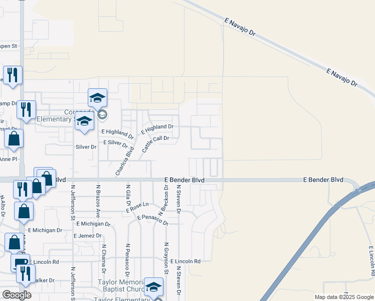 map of restaurants, bars, coffee shops, grocery stores, and more near 2501 North Green Valley Trail in Hobbs