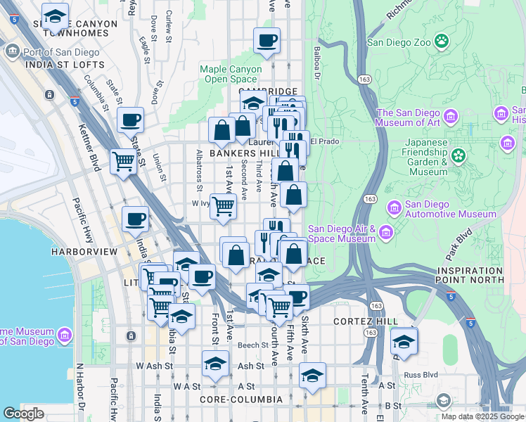 map of restaurants, bars, coffee shops, grocery stores, and more near 304 Ivy Street in San Diego