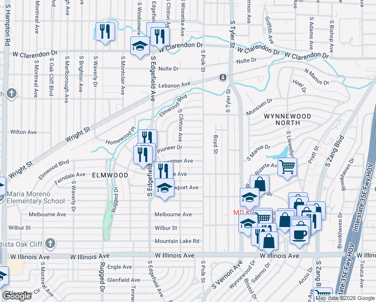map of restaurants, bars, coffee shops, grocery stores, and more near 1135 Pioneer Drive in Dallas