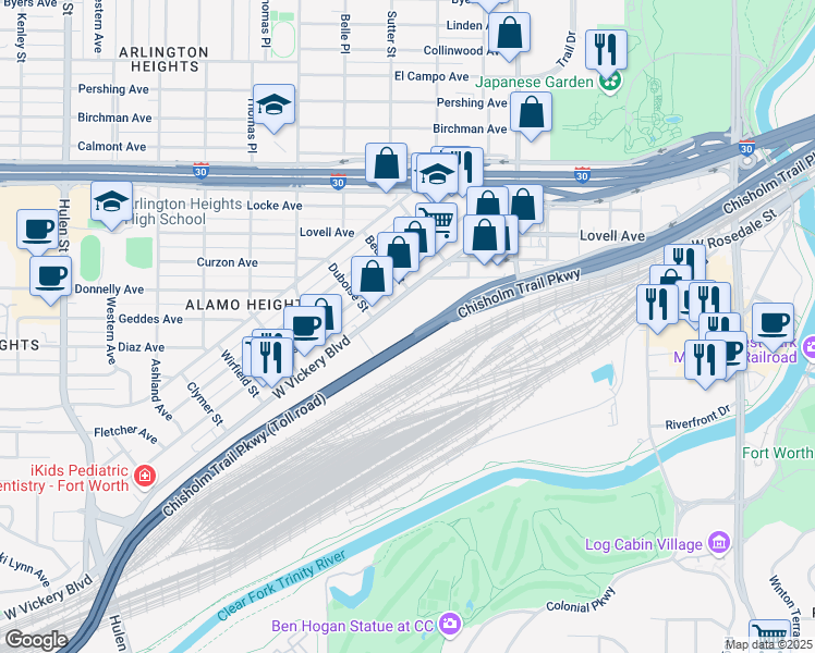 map of restaurants, bars, coffee shops, grocery stores, and more near 3955 West Vickery Boulevard in Fort Worth